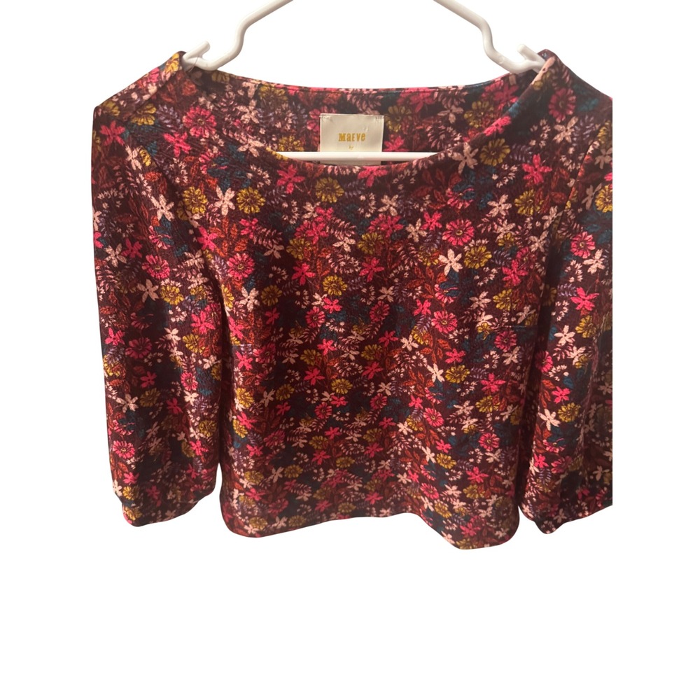 Maeve Anthropologie Womens XS Burgundy Floral Boat Neck 3/4 Sleeve Blouse Top